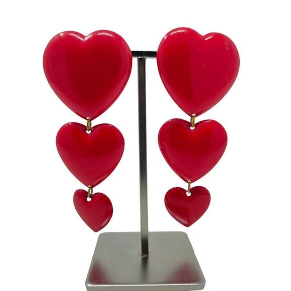 Triple Heart Red Dangle Clip-On Earrings | 3.12" | Vintage - Picture 2 of 8
